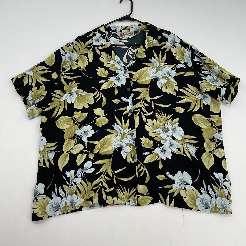 Hilo Hattie Hawaiian Shirt XL Black Floral Rayon Short Sleeve Tropical‎ Camp Top